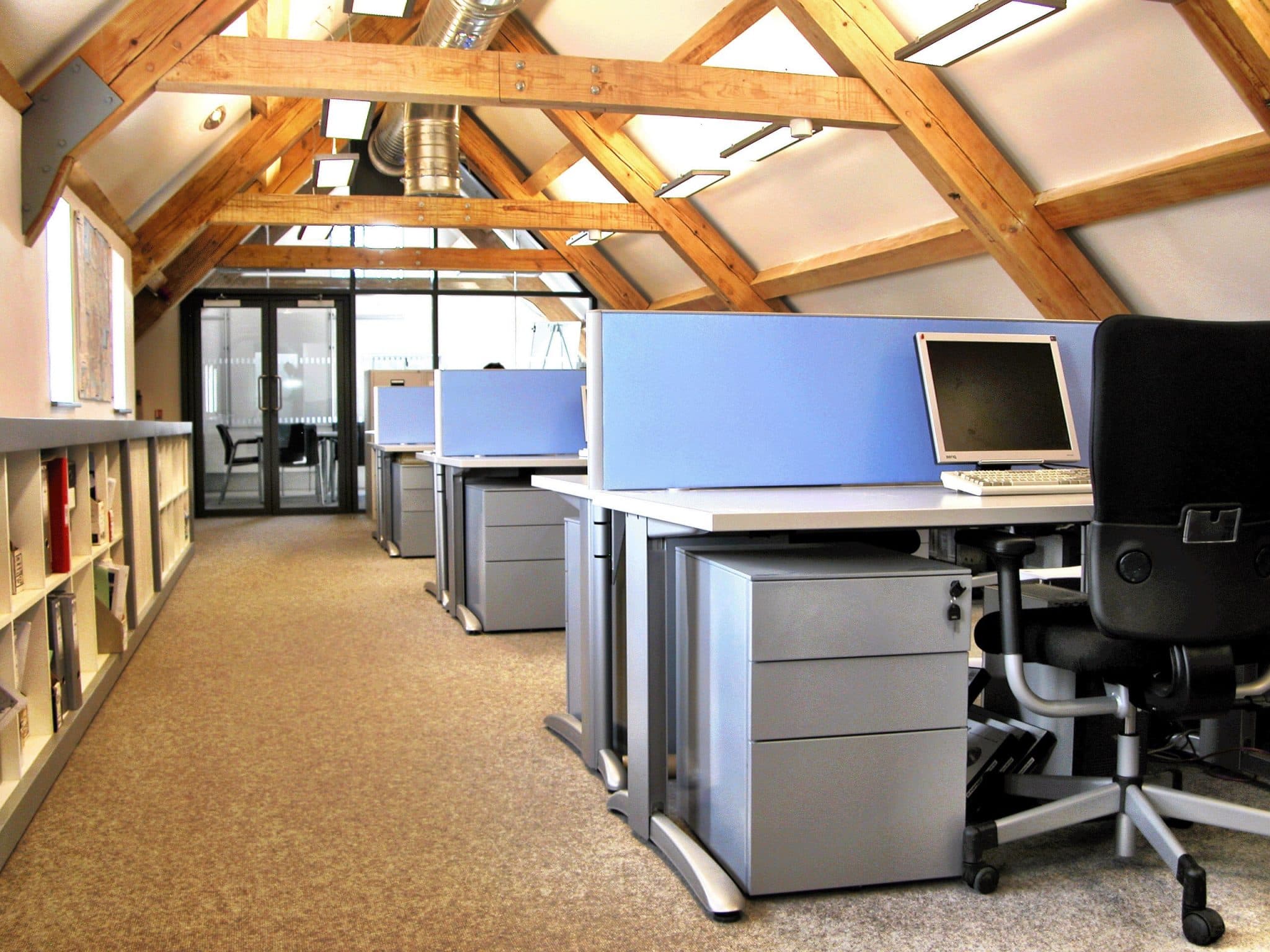 Exposed timber roof structure in the converted Cricklepitt Mill, Exeter