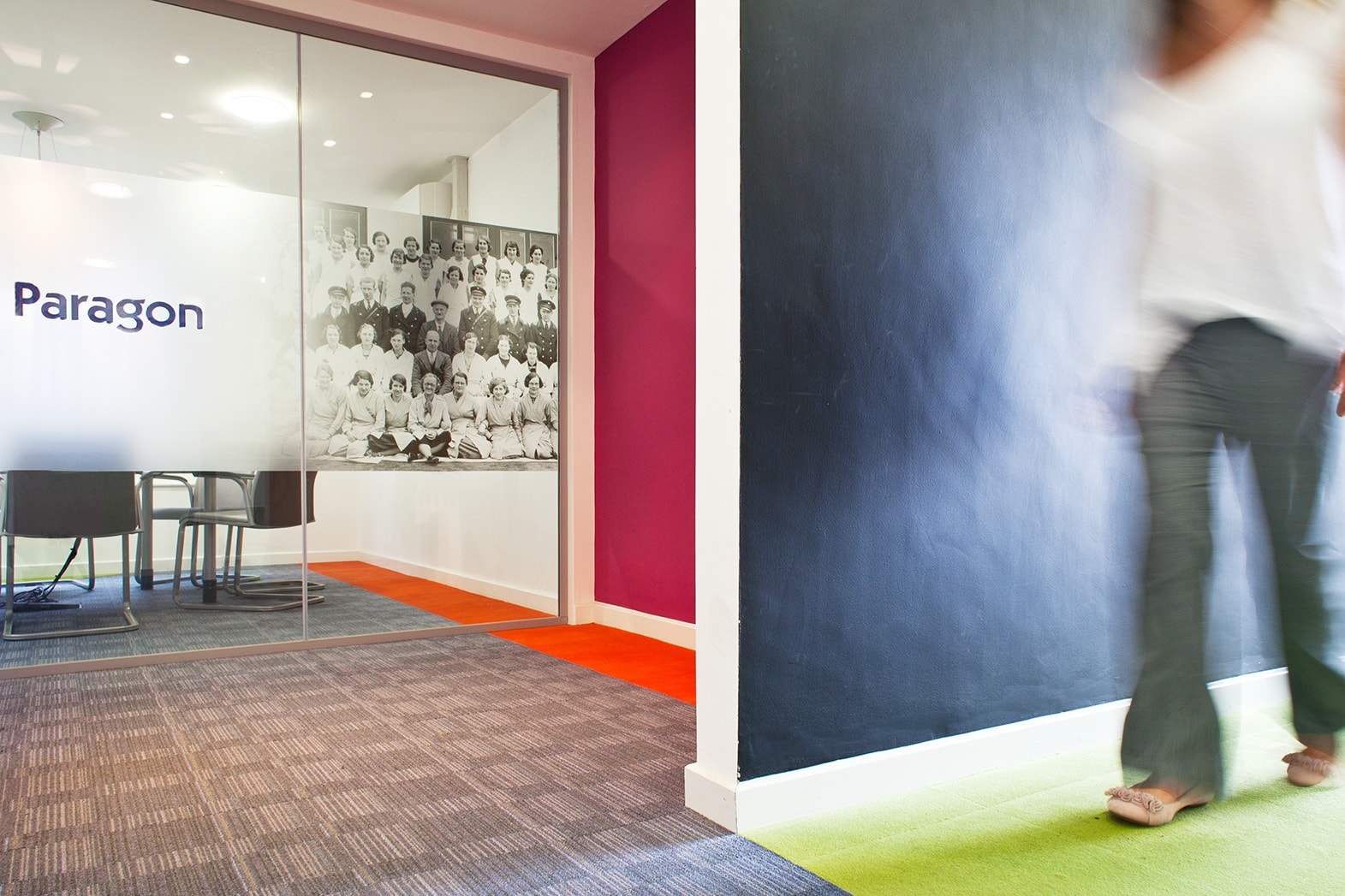Refurbished customer service centre with a red feature door at Paragon Laundry, Cheltenham
