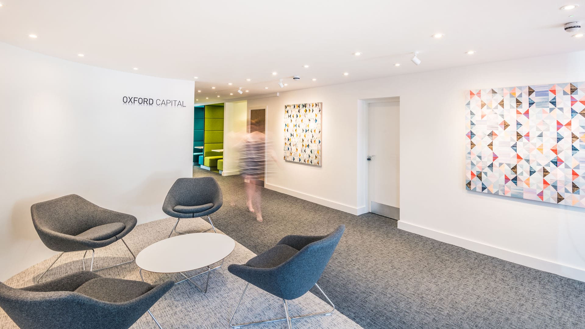 Bright reception with bold artwork at Oxford Capital